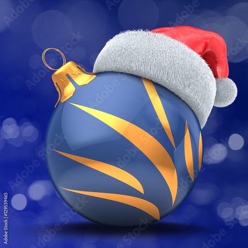 3d illustration of Christmas ball dark blue over bokeh blue background with golden ornament and Christmas hat