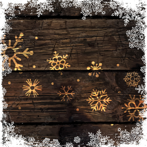 Golden Snowflakes on Wooden Background. Merry Christmas Backgrou
