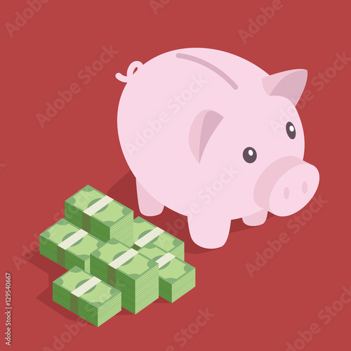 Money stacked, piles of green banknotes and piggy bank. Saving and investing concept