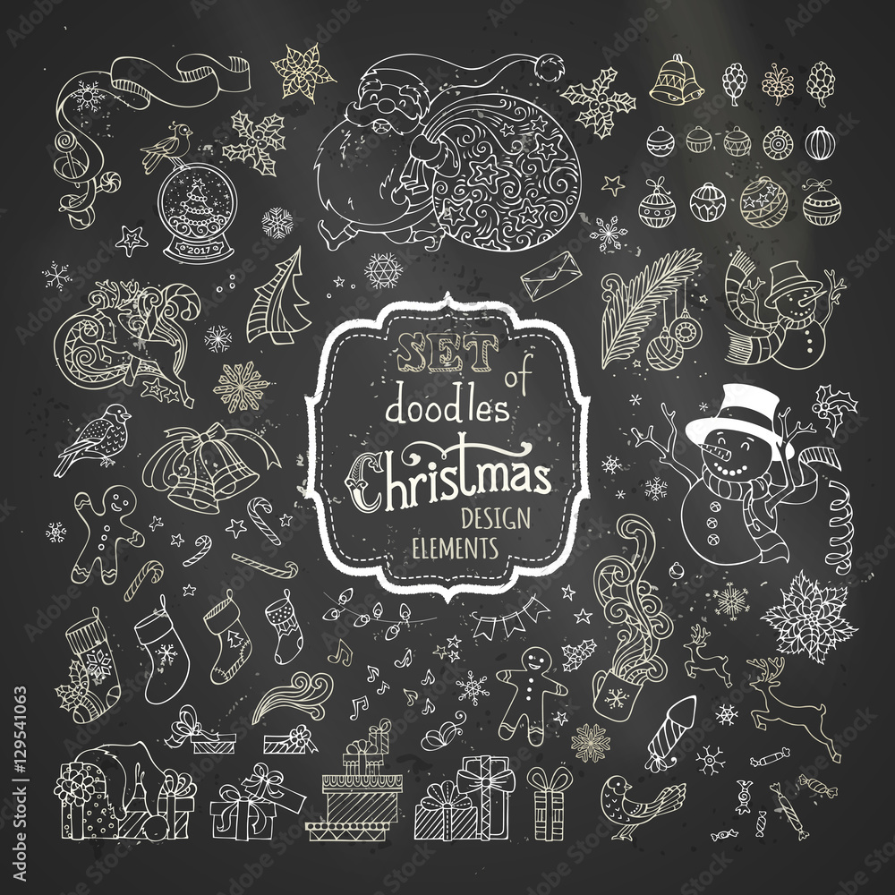 Vector set of chalk Christmas signs, symbols, decorations and design elements on blackboard background.