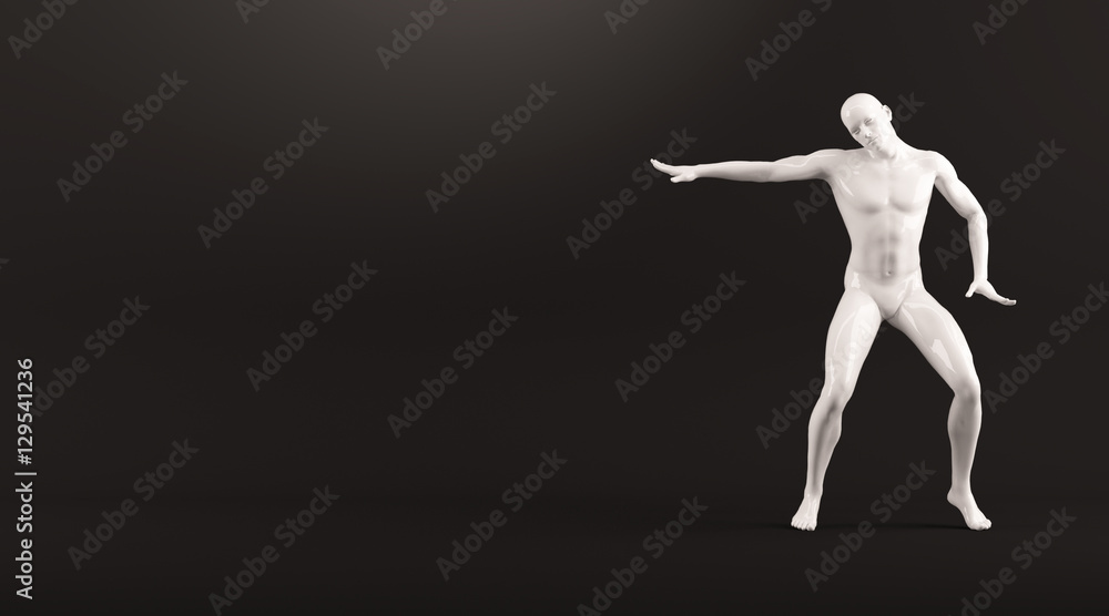 Abstract black plastic human body mannequin over white background. Action break dance electric pose. 3D rendering illustration