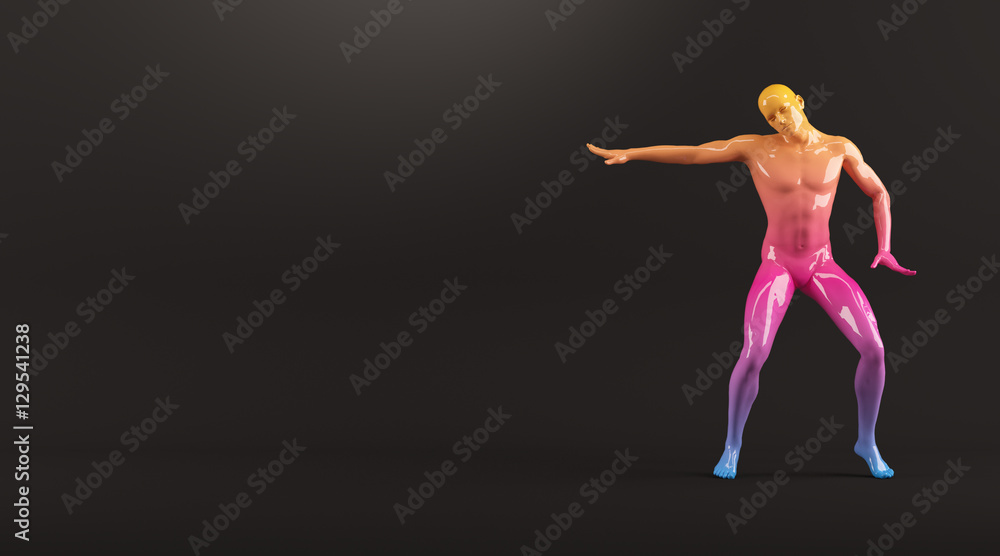 Abstract colorful plastic human body mannequin figure over black background. Action break dance electric pose. 3D rendering illustration