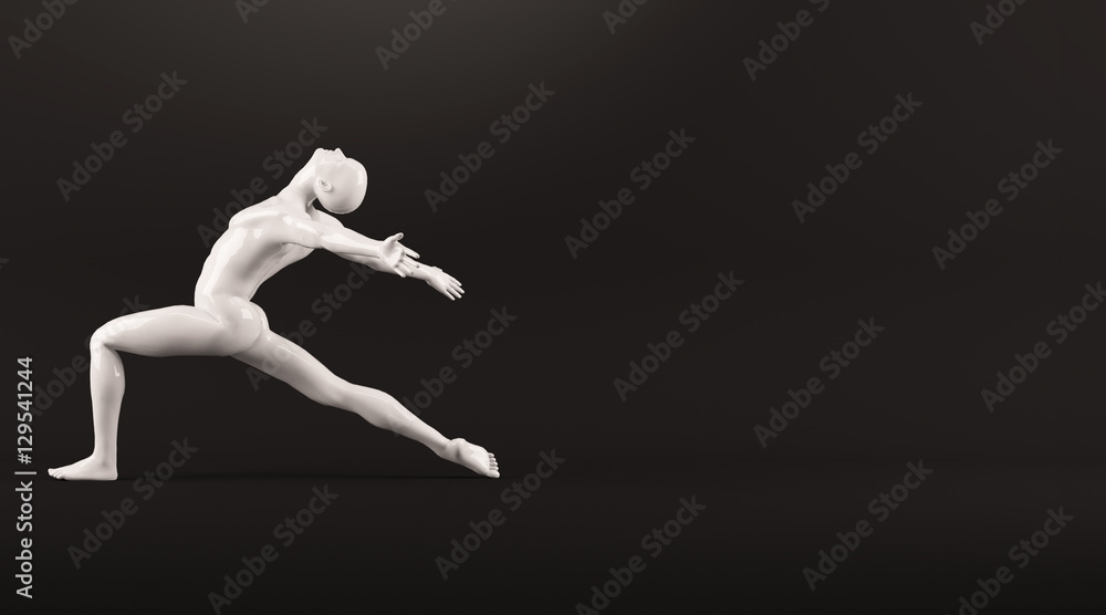 Abstract white plastic human body mannequin over black background. Action dance ballet pose. 3D rendering illustration