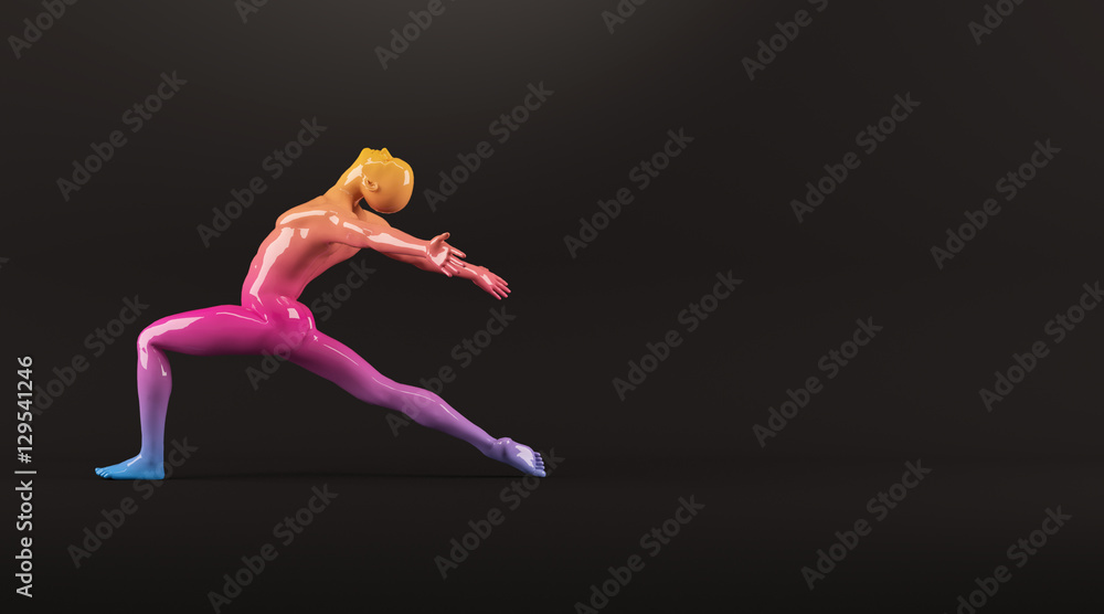 Abstract colorful plastic human body mannequin figure over black background. Action dance ballet pose. 3D rendering illustration