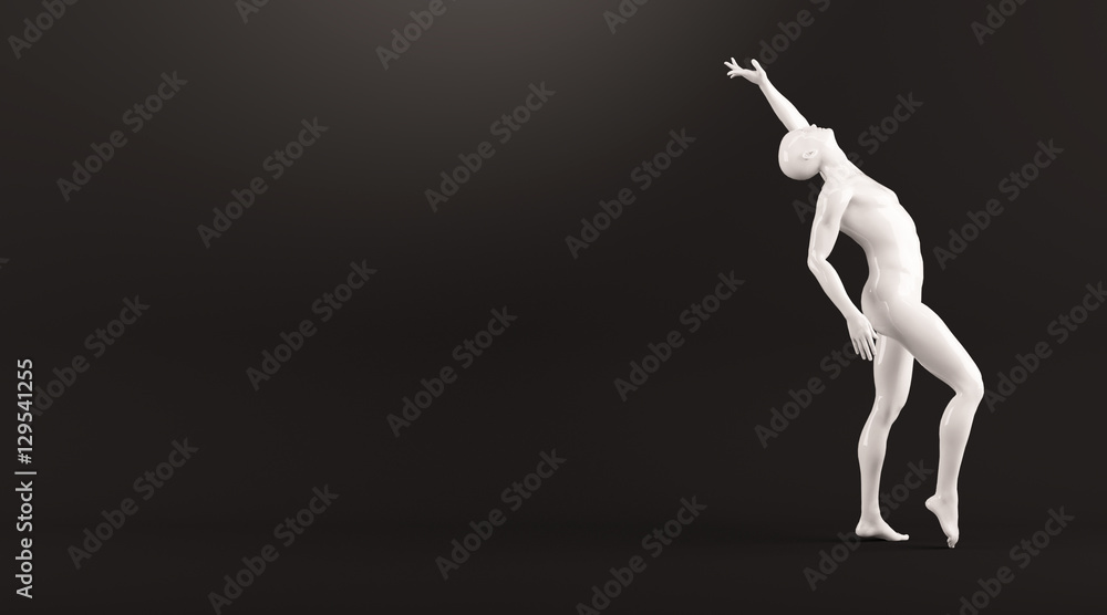 Abstract white plastic human body mannequin over black background. Action dance pose. 3D rendering illustration