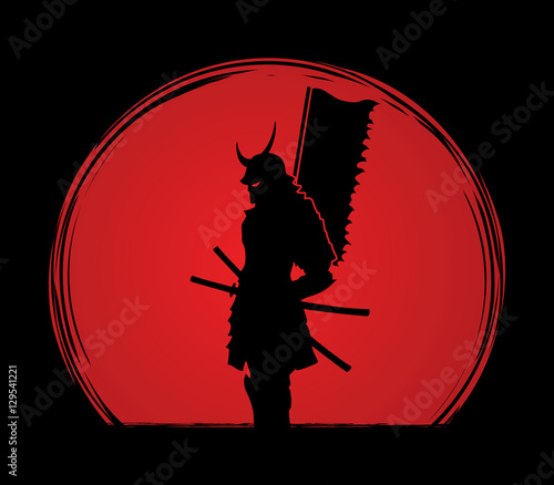 Samurai standing designed on sunlight background graphic vector.