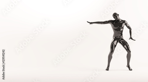 Abstract black plastic human body mannequin over white background. Action break dance electric pose. 3D rendering illustration