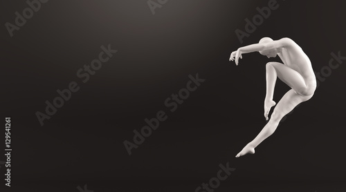 Fototapeta Naklejka Na Ścianę i Meble -  Abstract white plastic human body mannequin over black background. Action dance jump ballet pose. 3D rendering illustration