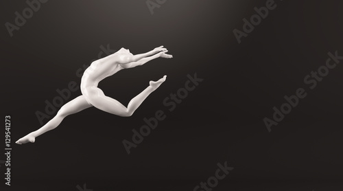 Fototapeta Naklejka Na Ścianę i Meble -  Abstract white plastic human body mannequin over black background. Action running and jumping ballet pose. 3D rendering illustration