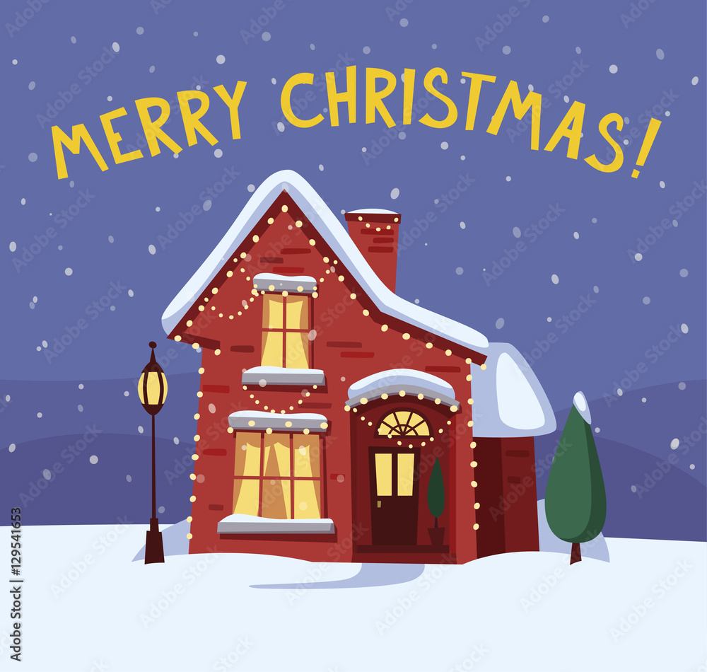 Merry Christmas house. Cartoon vector illustration
