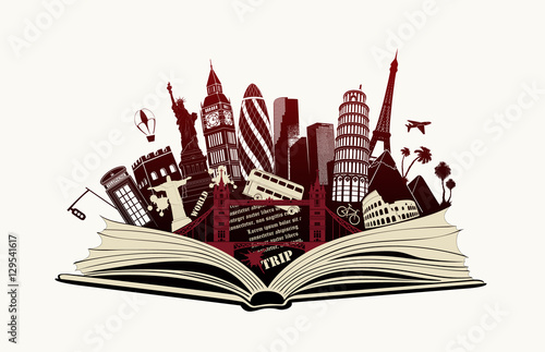 open book with landmarks to world