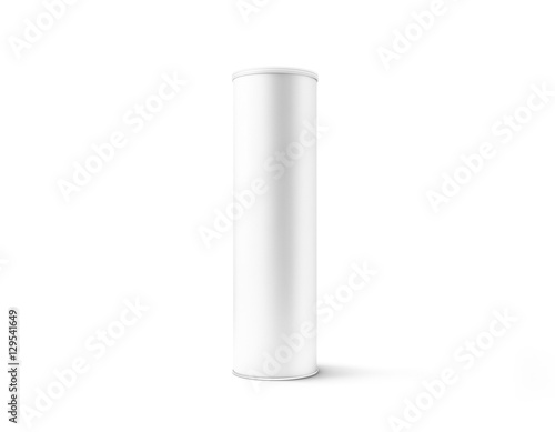 Blank white cardboard cylinder box mockup with plastic lid, 3d rendering. Clear cyllindrical tube container with cap mock up. Snack or bottle carton packaging template. Paper tin round canister. photo