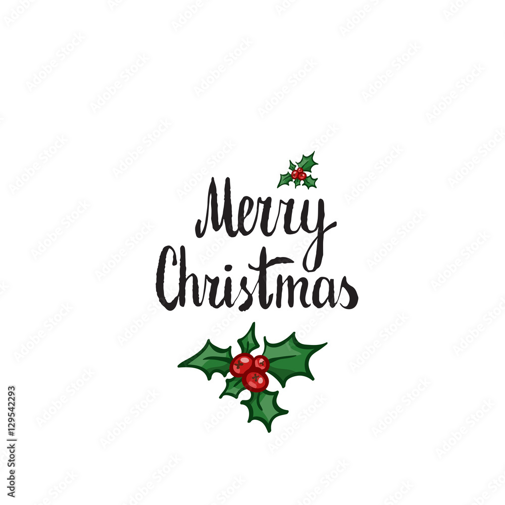 Merry Christmas lettering with holly. Hand drawn vector design element, clip-art isolated on white. Sprig of Holly frame. Useful for Christmas and New Year greeting card, poster, flyer