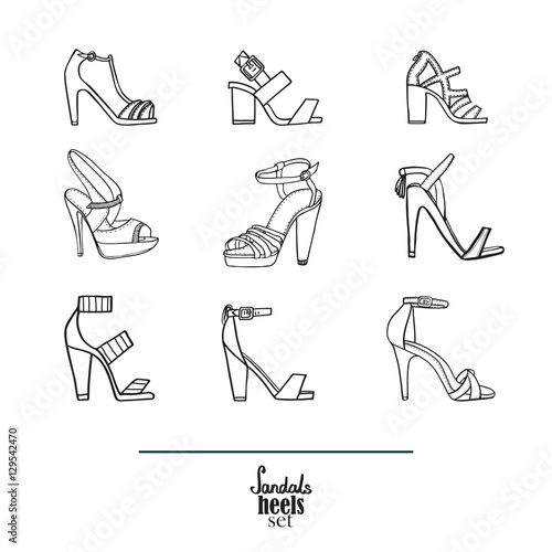Lovely set with stylish fashion shoes, hand drawn and isolated on white background. Vector illustration showing various stiletto high heels sandals. Creative collection in black and white