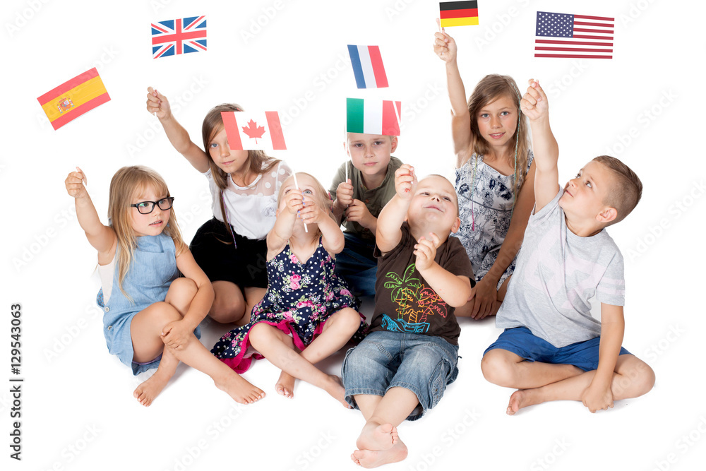 poland group holding flags of different countries. German flag, flag england, spain flag, flag of america, flag of russia, france flag, flag canada