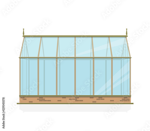 Greenhouse with glass walls, foundations and gable roof, side view. Horticultural Conservatory for growing vegetables and flowers. Classic cultivate greenhouse gardening. Year-round growing object.