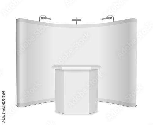 Blank vector exhibition stand with banner and table on white