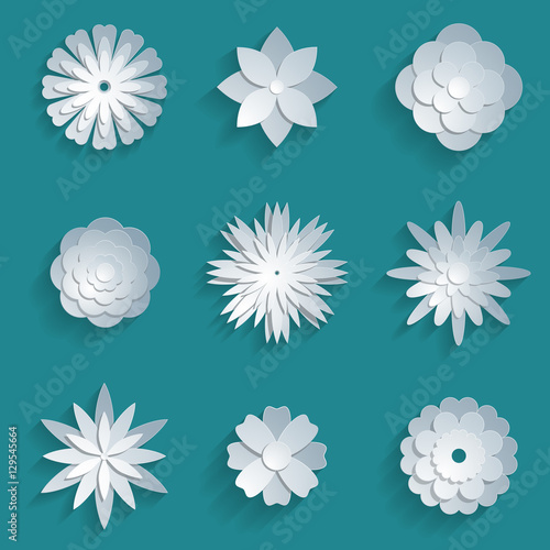 Vector paper flowers set. 3d origami icons