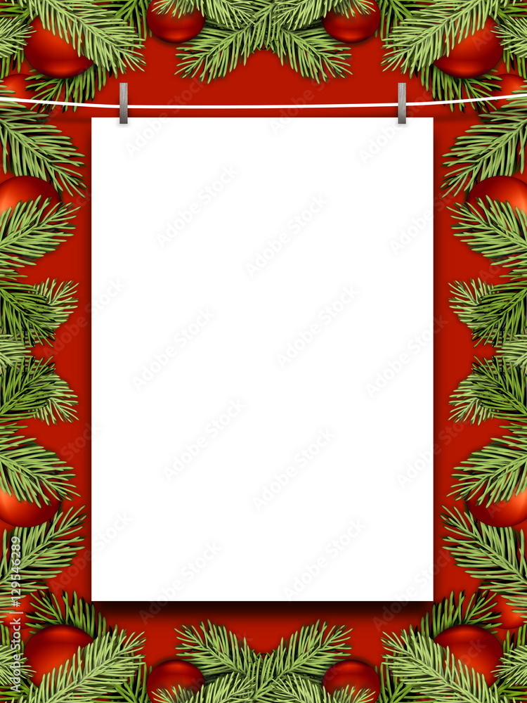 Blank frame hanged by pegs against red background enclosed by red Christmas ornaments and leaves Blank frame hanged by pegs against red background enclosed by red Christmas ornaments and leaves