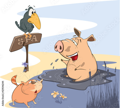  Illustration of a Washing up Pig with a Crow and a Red Cat. Cartoon 