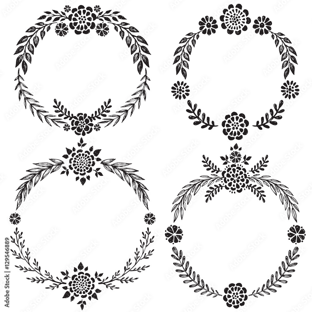 Set of hand drawn vector floral wreaths with leaves, flowers. Set of hand drawn vector floral wreaths with leaves, flowers.