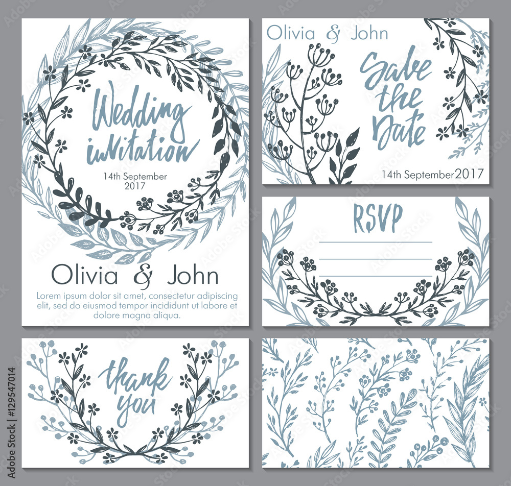 Vector wedding collection. Templates for invitation, thank you card, save the date, RSVP Vector wedding collection. Templates for invitation, thank you card, save the date, RSVP