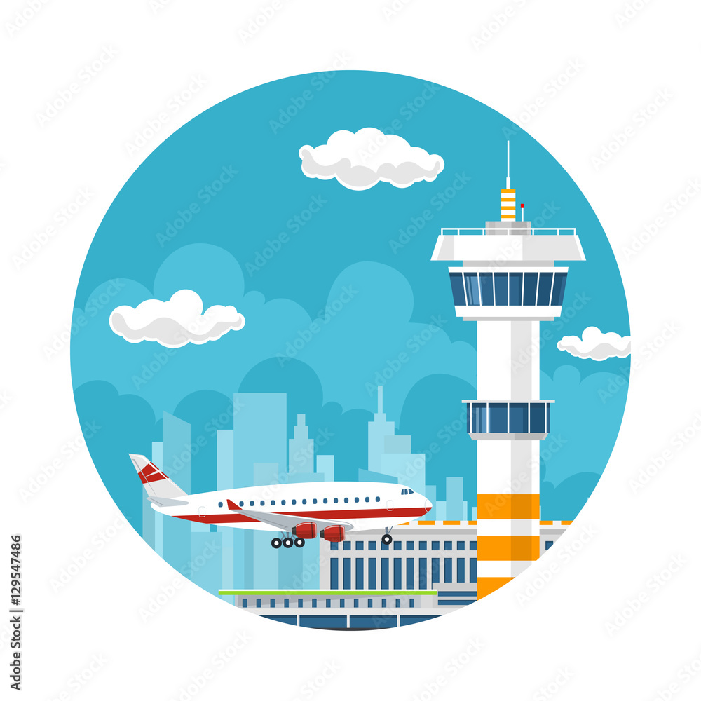 Icon Arrivals at Airport, Control Tower and Airplane on the Background of the City, Travel and Tourism Concept , Air Travel and Transportation, Vector Illustration