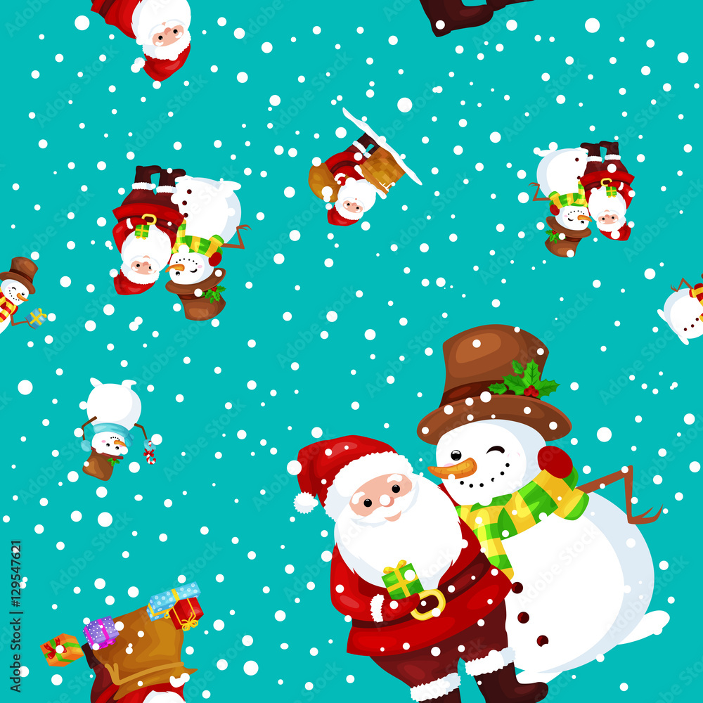 Merry Christmas and Happy New Year Friends Santa Claus in hat snowman in scarf celebrate xmas, snowfall from snowflakes vector illustration Merry Christmas and Happy New Year Friends Santa Claus in hat snowman in scarf celebrate xmas, snowfall from snowflakes vector illustration