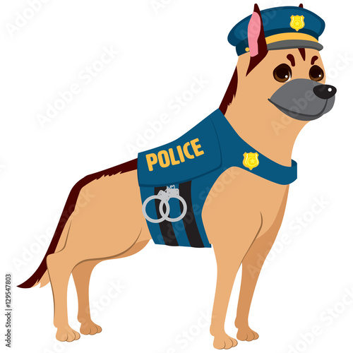 Cute professional police dog wearing uniform on service