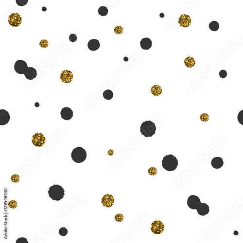 Vector seamless pattern with black and gold dots. Polka dot pattern with black and gold round spots. Christmas wrapping paper. 