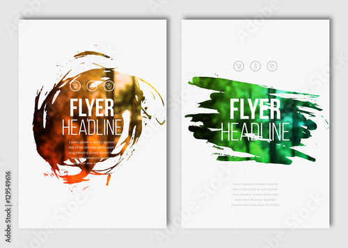 Flyer layout template. Vector brochure background with elements for magazine, cover, poster, layout design. Stain, blot, ink, watercolor with color effect.