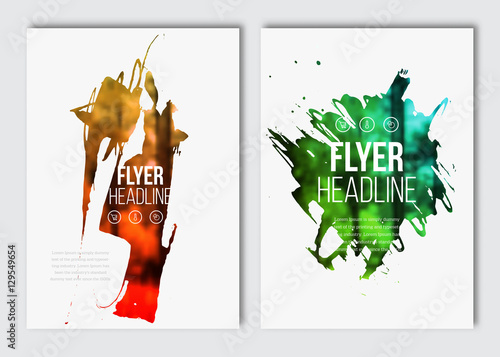 Flyer layout template. Vector brochure background with elements for magazine, cover, poster, layout design. Stain, blot, ink, watercolor with color effect.