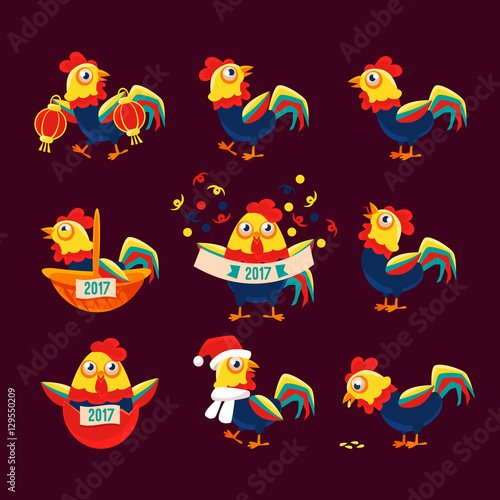 Rooster Cartoon Character Set With A Cock Representing Chinese Zodiac Symbol Of New Year 2017