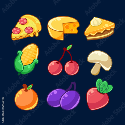 Food Items Outlined Childish Stickers Set For Flash Game Design Including Fruits , Berries And Pizza