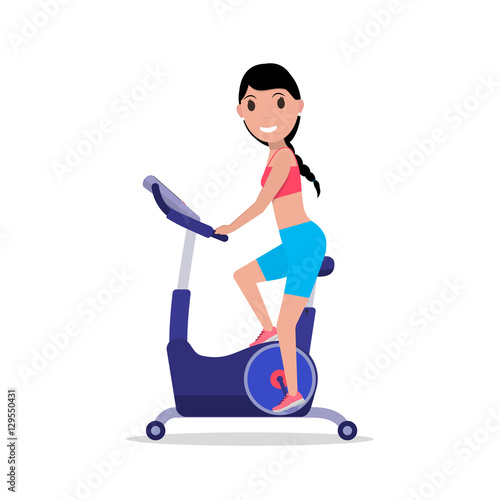 Vector cartoon woman on a Stationary exercise bike
