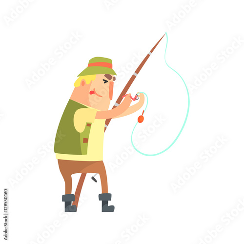 Amateur Fisherman In Khaki Clothes Placing A Worm Bait On Hook Cartoon Vector Character And His Hobby Illustration