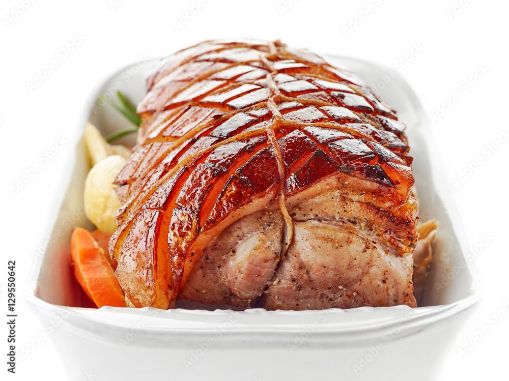 roasted pork on white background
