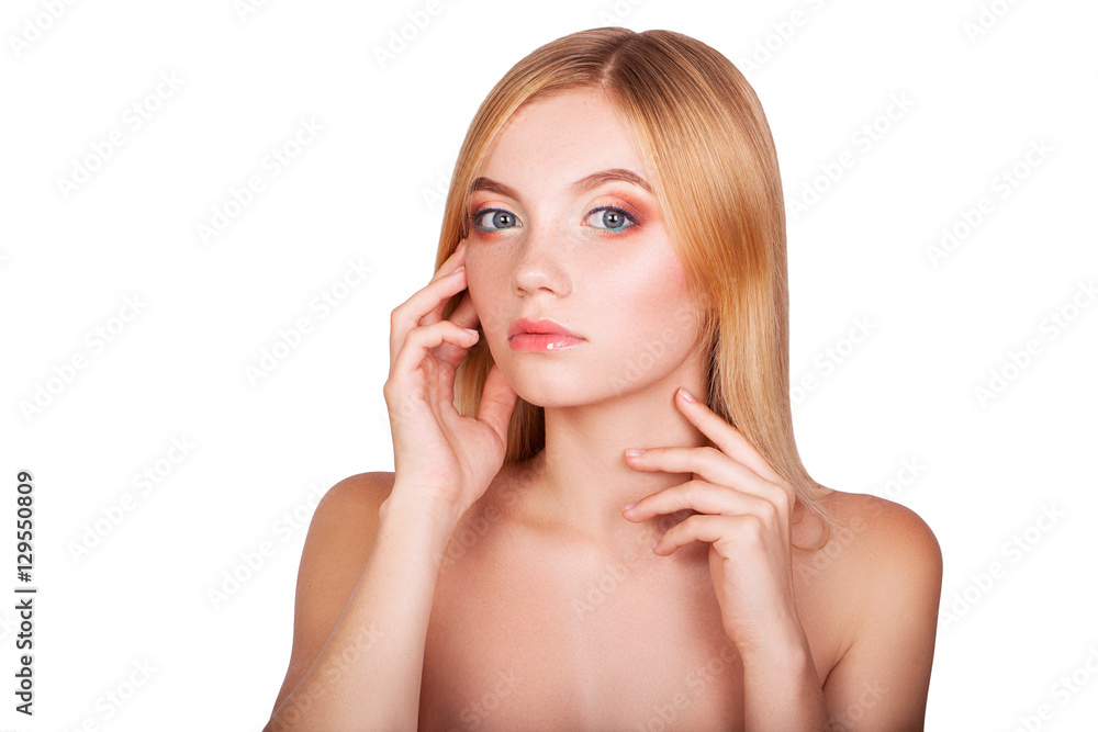 Fototapeta premium Beautiful young sexy girl on a white background, model, makeup