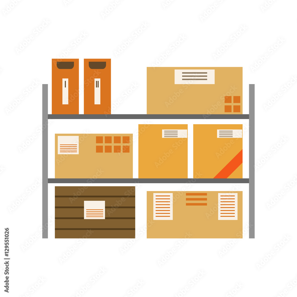 Paper Box Packages Piled In The Warehouse Metal Shelves Stored For Later Shipment And Delivery Paper Box Packages Piled In The Warehouse Metal Shelves Stored For Later Shipment And Delivery