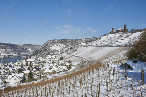 GERMANY, MOSELLE, Castle Thurant above village Alken Mosel valley during winter covered with snow. It was first mentioned in the 13. century photo