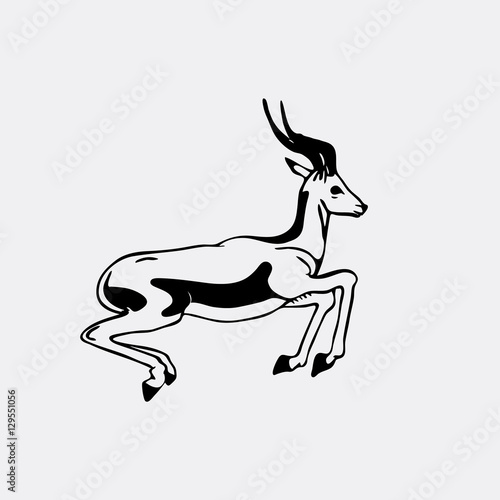 Hand-drawn pencil graphics, antelope, roe. Engraving, stencil style. Black and white logo, sign, emblem, symbol. Stamp, seal. Simple illustration. Sketch.