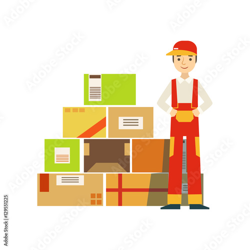 Paper Box Packages Piled Up In Warehouse With A Delivery Company Worker Standing Next In Red Dungarees Uniform
