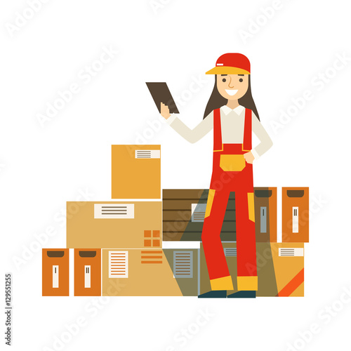 Paper Box Packages Piled Up In Warehouse With A Delivery Company Worker Standing Next Checking It With Check List