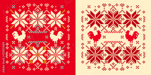 Winter knitted cockerel pattern. Winter ornament with roosters