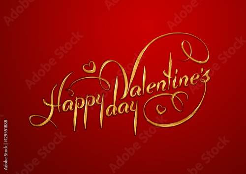 Valentines Day card. Gold shining lettering on red background. Happy Valentines Day text.