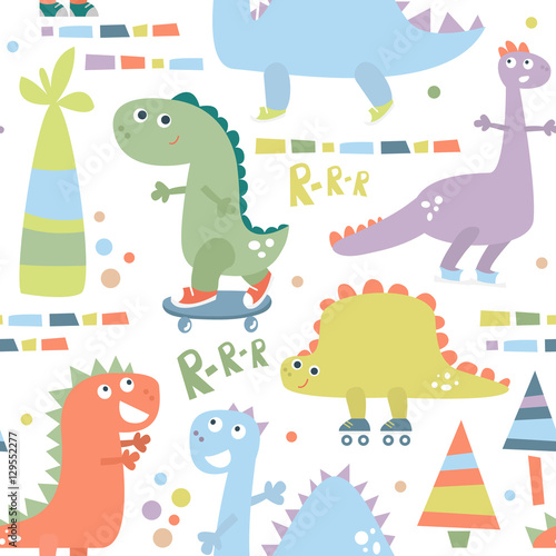 Seamless pattern with dinosaur. Baby background for textile  wrapping  fabric  wallpaper. Vector illustration.