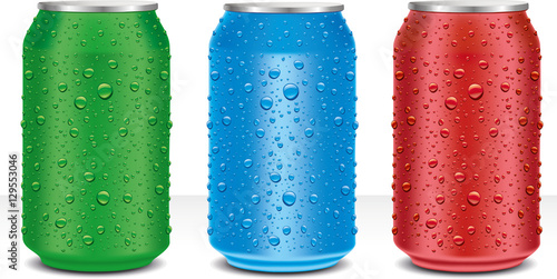 aluminium cans blue, green, red, with fresh water drops