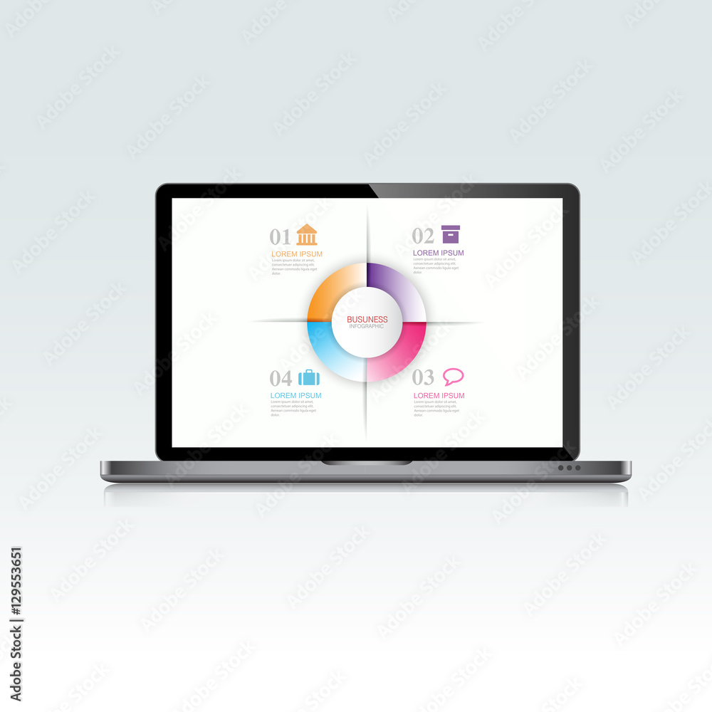 Computer laptop with infographic on screen,3d and flat vector de