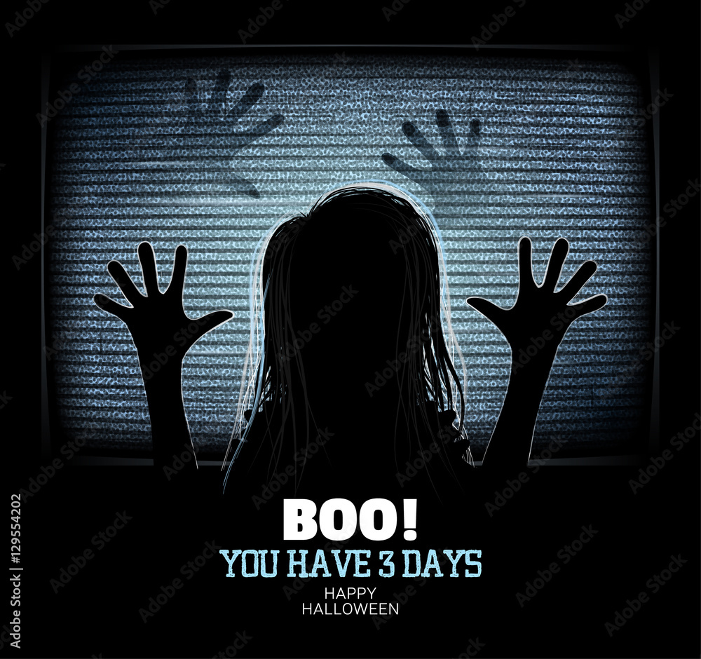 Ghost girl emerges through flickering television screen in haunted