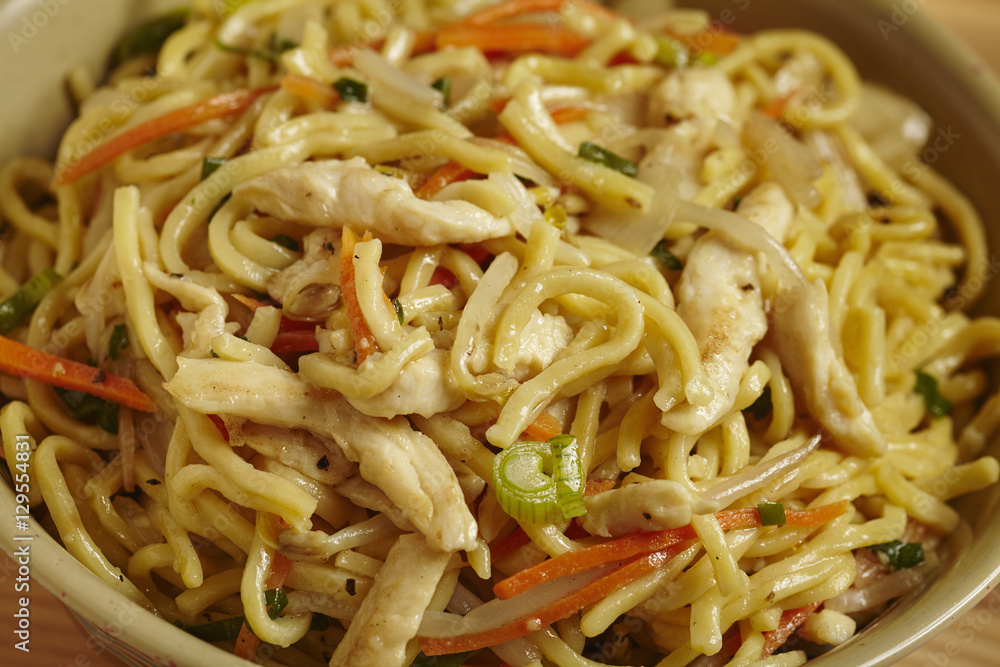 Hakka Fried Noodles with chicken, Indian/Chinese style (sometimes called Hakka Fried Noodles with chicken, Indian/Chinese style (sometimes called
